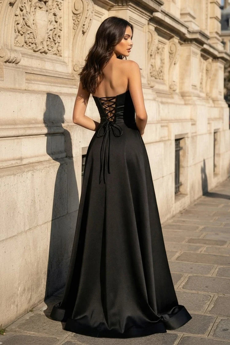 Elegant A-Line Strapless Sleeveless Draped Slit Black Floor-Length Prom Dress Women's Gown