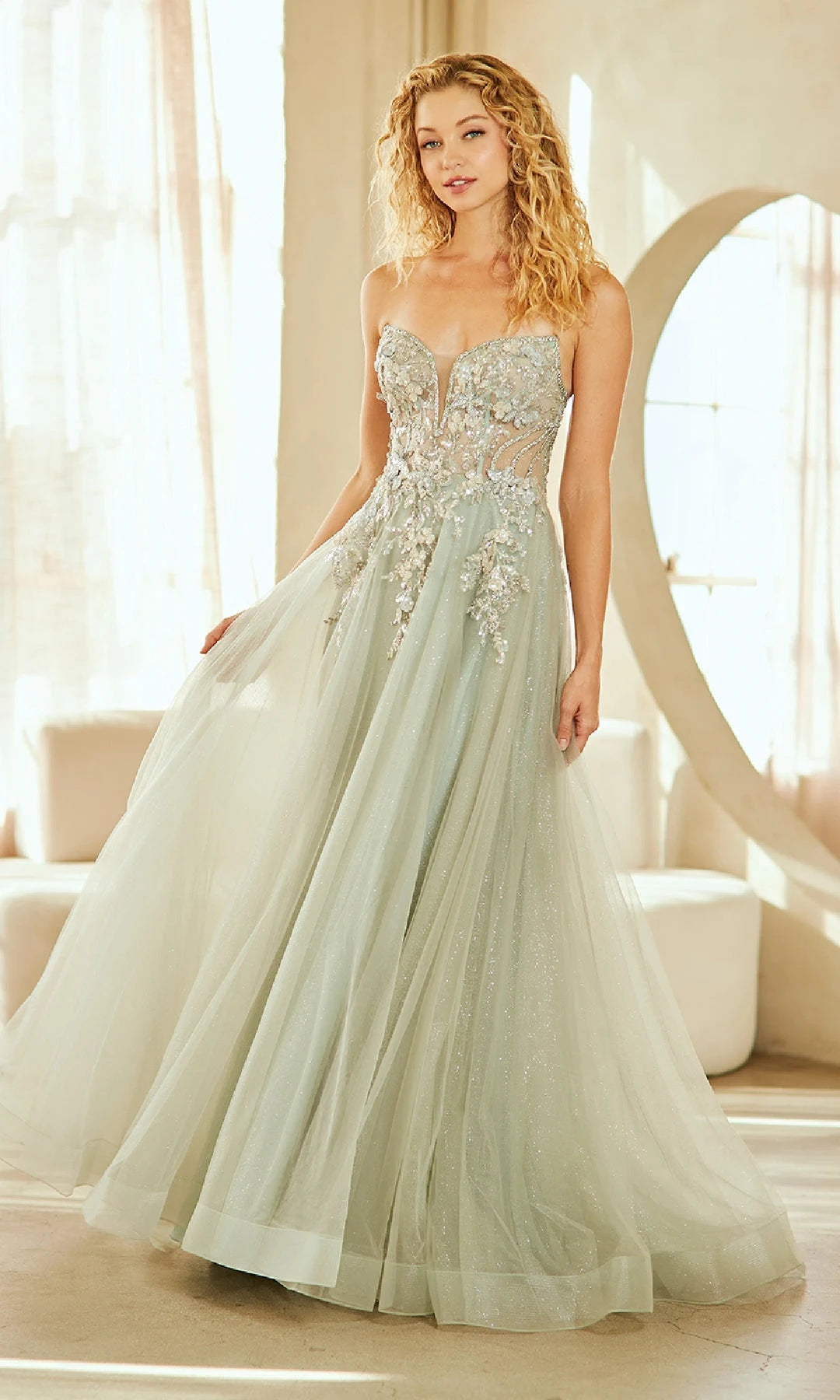 Elegant A-Line Strapless Sleeveless Floral Beaded Sage Long Prom Dresses For Women