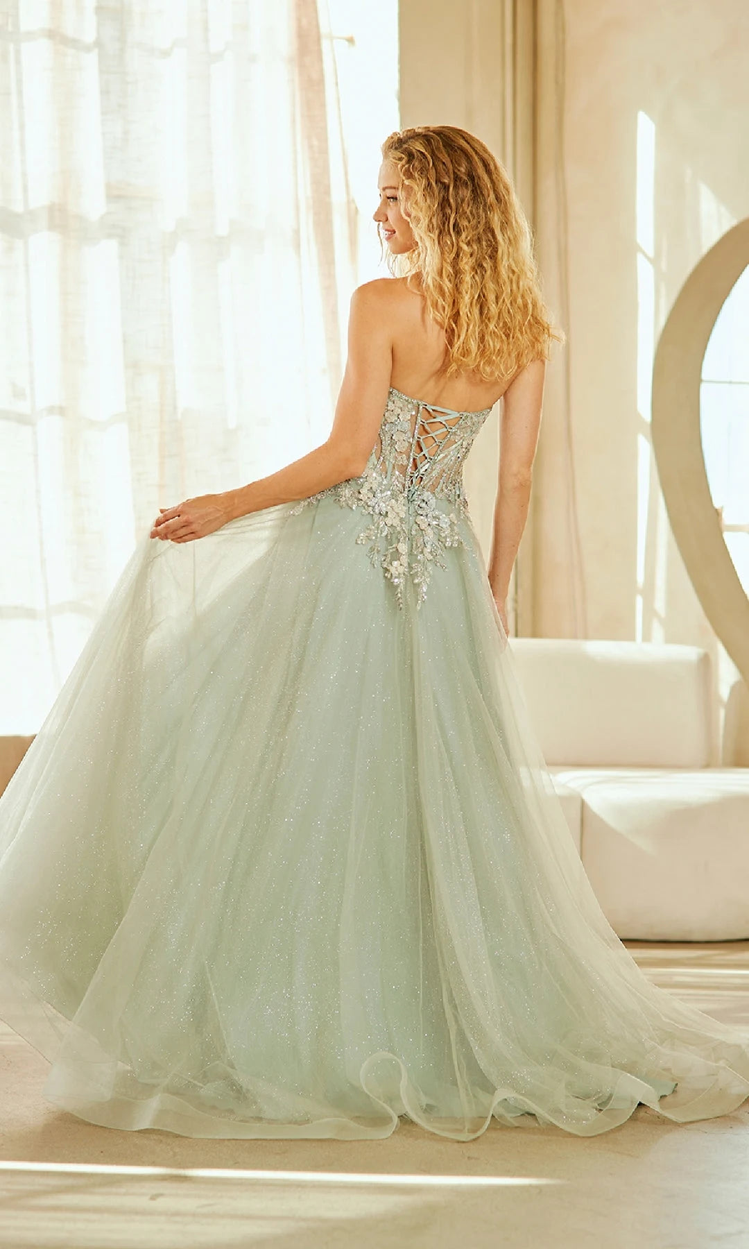 Elegant A-Line Strapless Sleeveless Floral Beaded Sage Long Prom Dresses For Women
