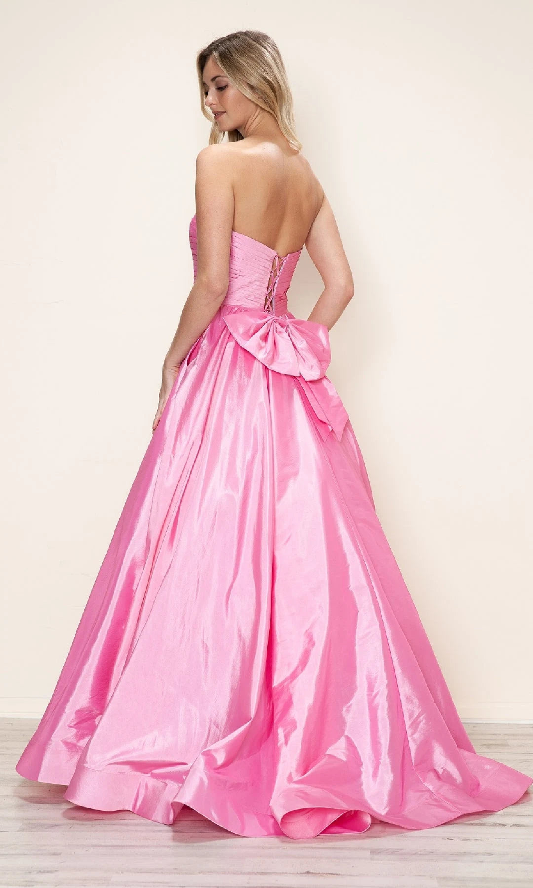 Elegant A-Line Strapless Sleeveless Pleated Bow Pink Long Prom Dresses Gown