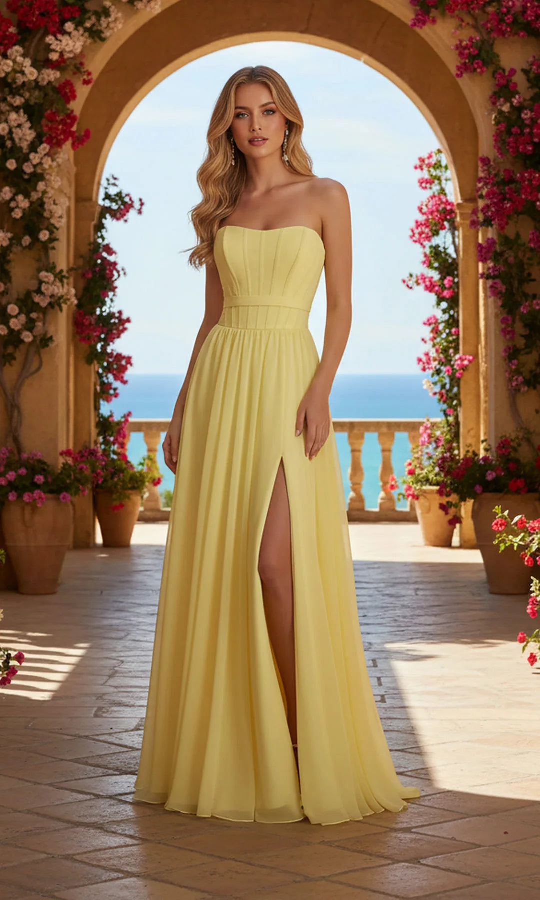 Elegant A-Line Strapless Sleeveless Pleated Slit Yellow Long Prom Dresses Women