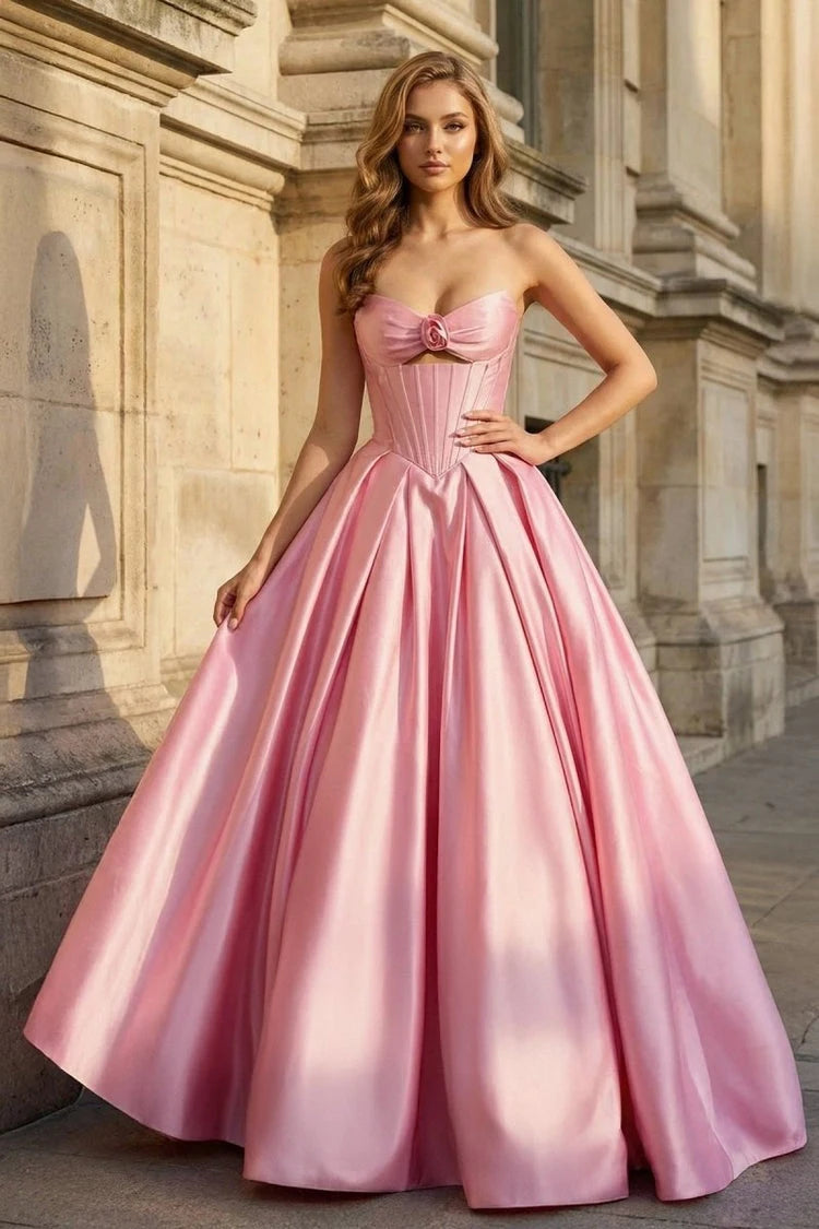 Elegant A-Line Strapless Sleeveless Romantic Pink Floor-Length Prom Dress for Women