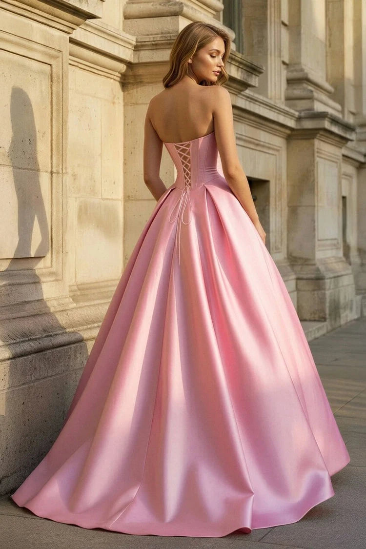 Elegant A-Line Strapless Sleeveless Romantic Pink Floor-Length Prom Dress for Women