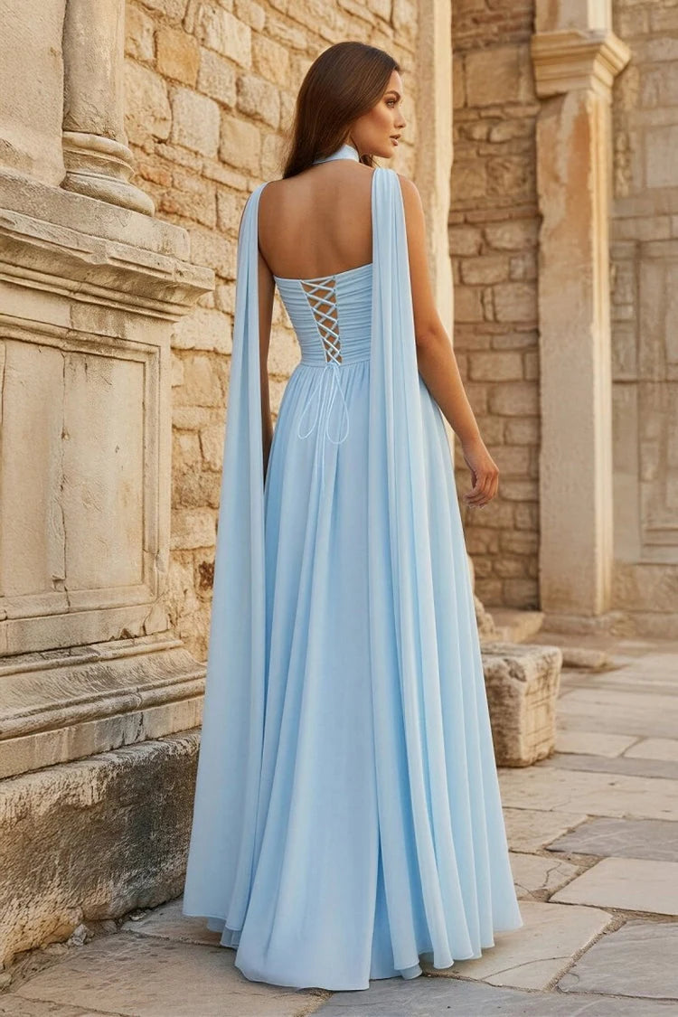Elegant A-Line Strapless Sleeveless Ruched Draped Baby Blue Floor-Length Prom Gown