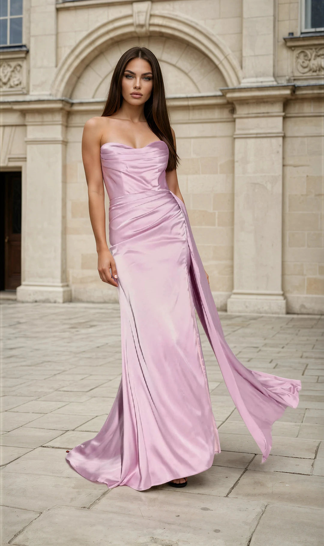 Elegant A-Line Strapless Sleeveless Ruched Slit Lilac Long Prom Dresses Women Gown