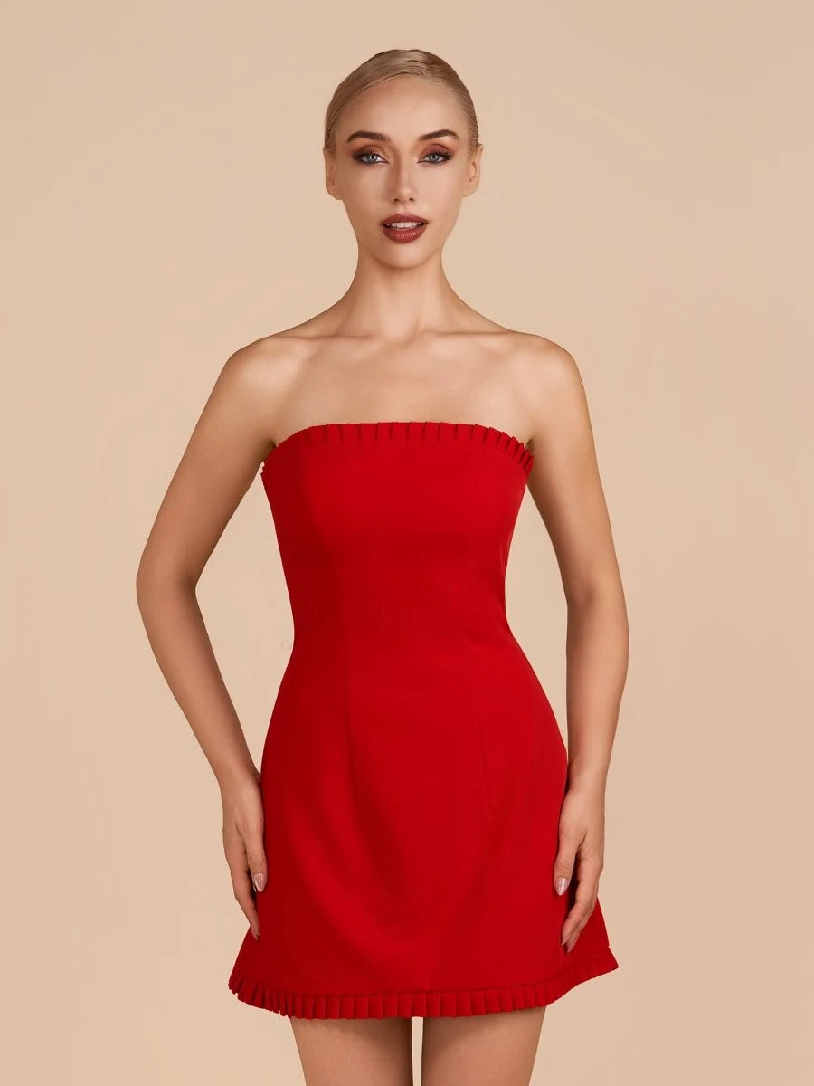 Elegant A-Line Strapless Sleeveless Ruffled Lace-Up Red Mini Homecoming Dress Women's