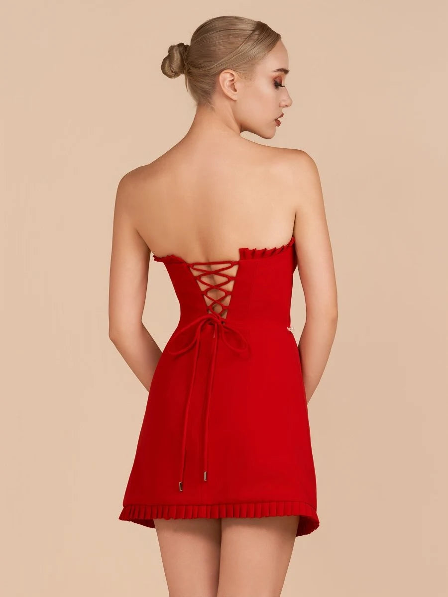 Elegant A-Line Strapless Sleeveless Ruffled Lace-Up Red Mini Homecoming Dress Women's