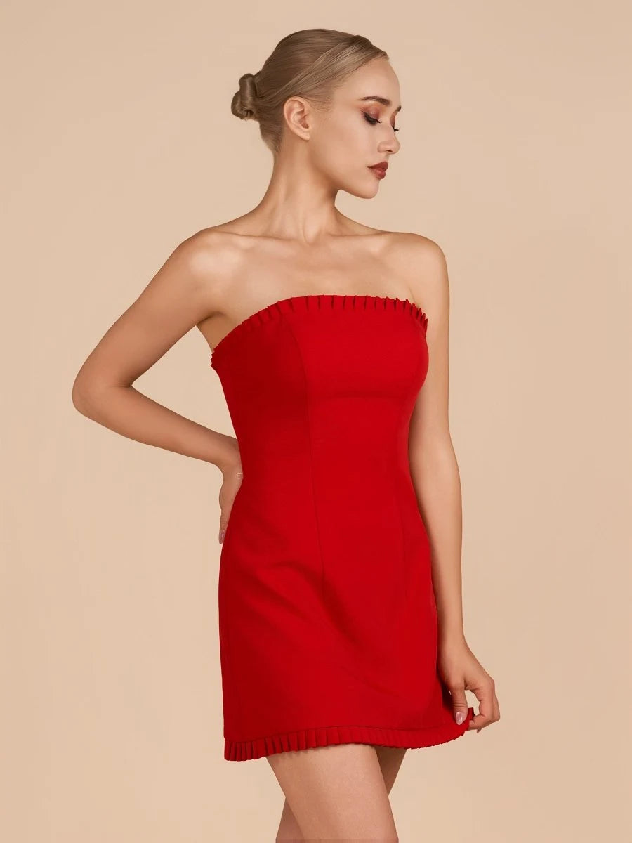 Elegant A-Line Strapless Sleeveless Ruffled Lace-Up Red Mini Homecoming Dress Women's