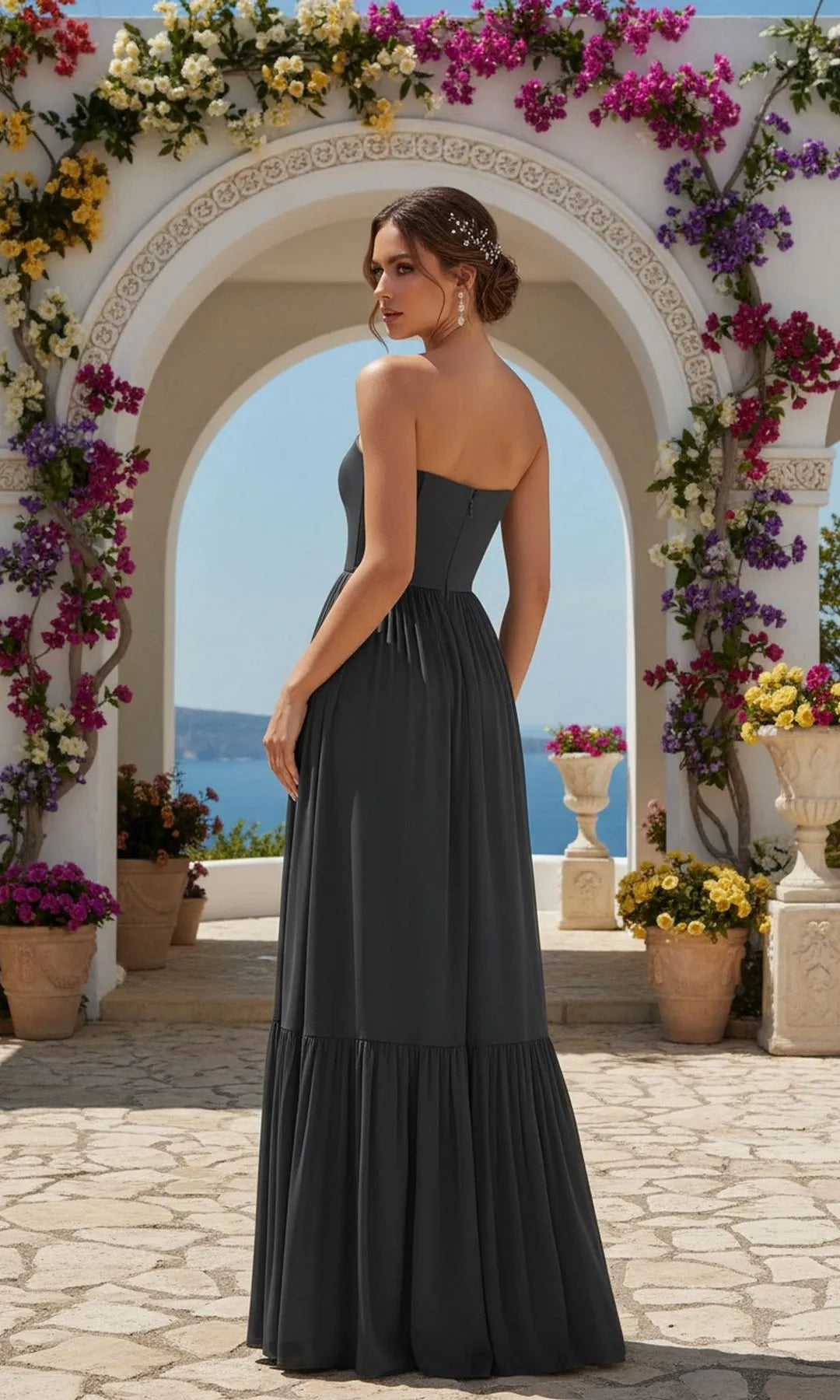 Elegant A-Line Strapless Sleeveless Slit Tiered Black Long Prom Dresses Women Gown