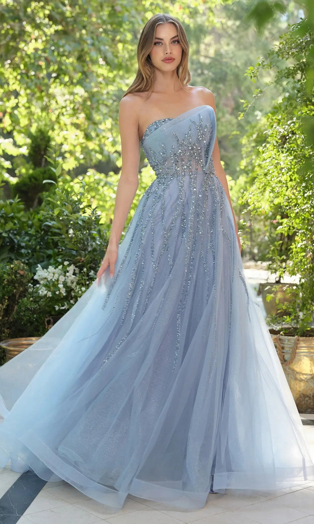 Elegant A-Line Strapless Sleeveless Sparkly Beaded Blue Maxi Prom Dresses Gown