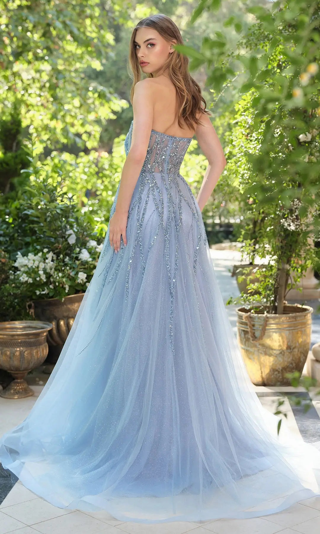 Elegant A-Line Strapless Sleeveless Sparkly Beaded Blue Maxi Prom Dresses Gown