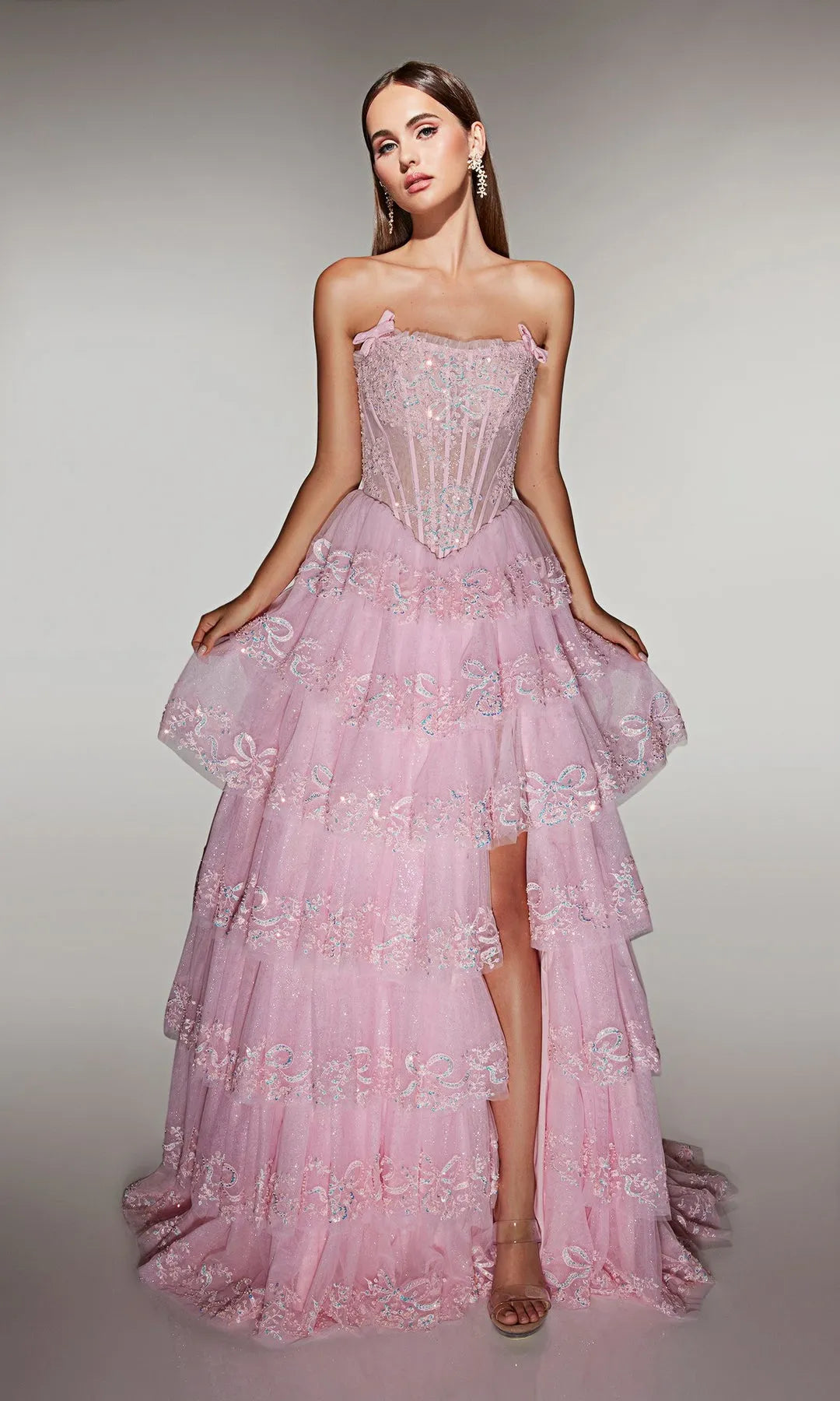 Elegant A-Line Strapless Sleeveless Tiered Corset Pink Long Prom Dresses Women