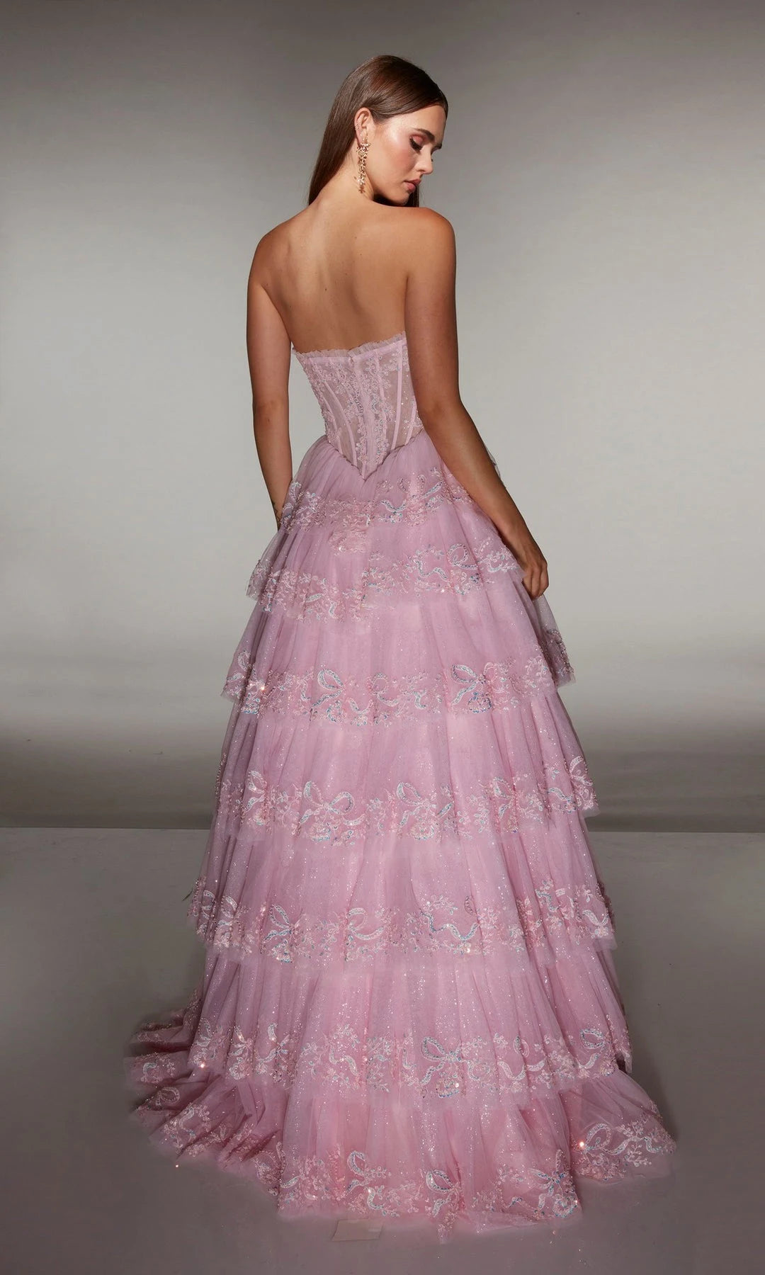Elegant A-Line Strapless Sleeveless Tiered Corset Pink Long Prom Dresses Women