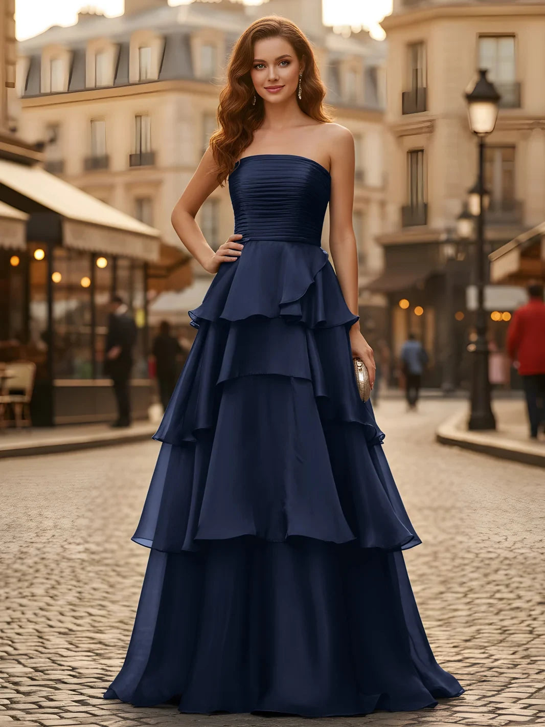 Elegant A-Line Strapless Sleeveless Tiered Dark Navy Floor-Length Prom Gown