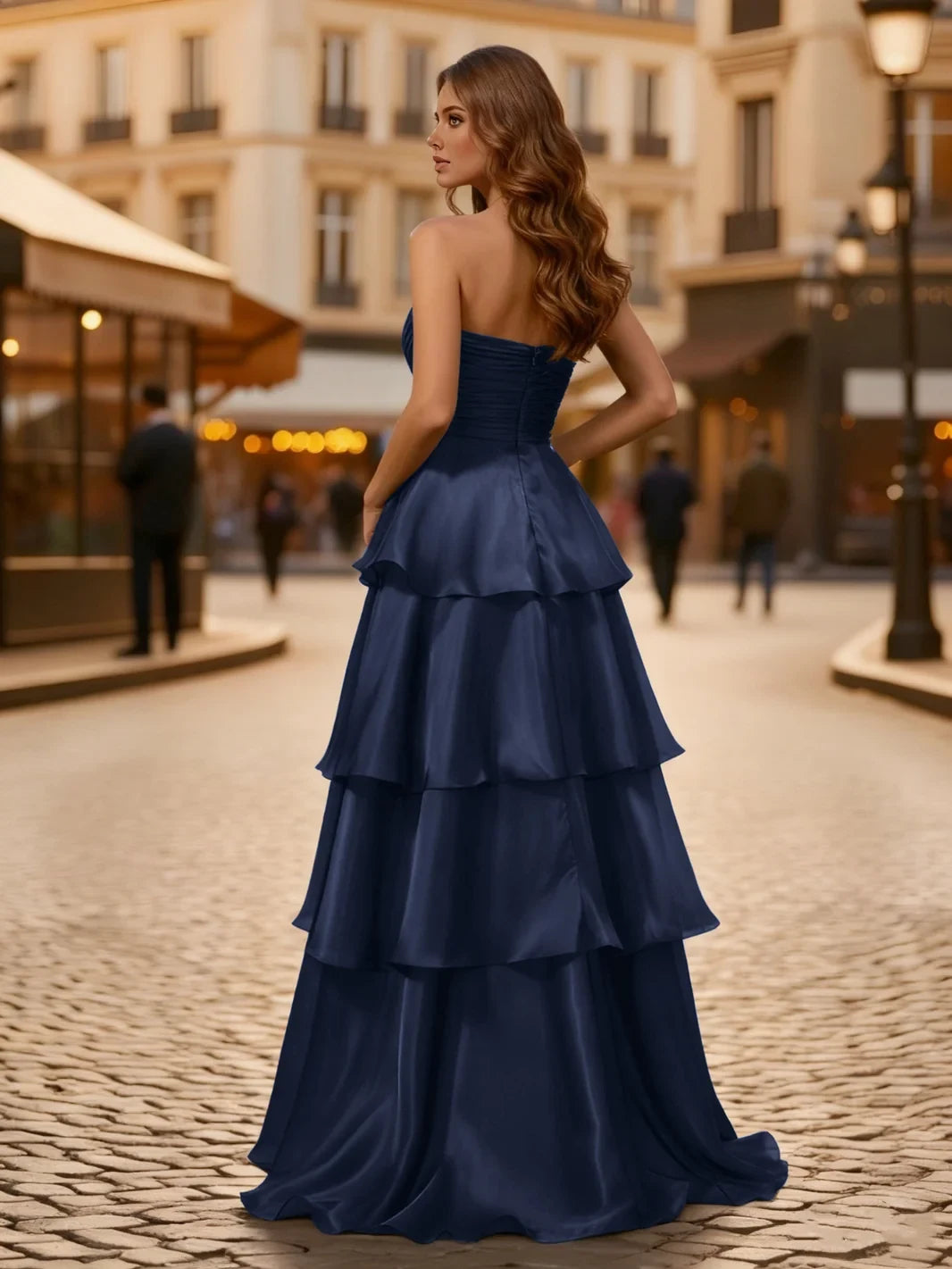 Elegant A-Line Strapless Sleeveless Tiered Dark Navy Floor-Length Prom Gown