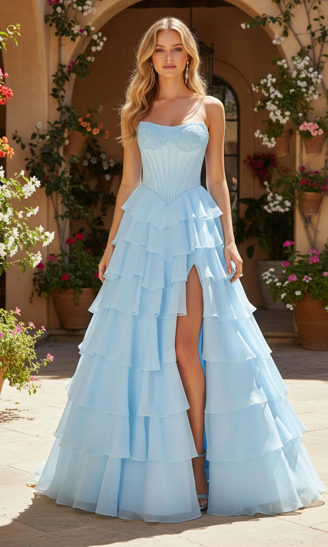 Elegant A-Line Strapless Sleeveless Tiered Slit Blue Long Prom Dresses Gown