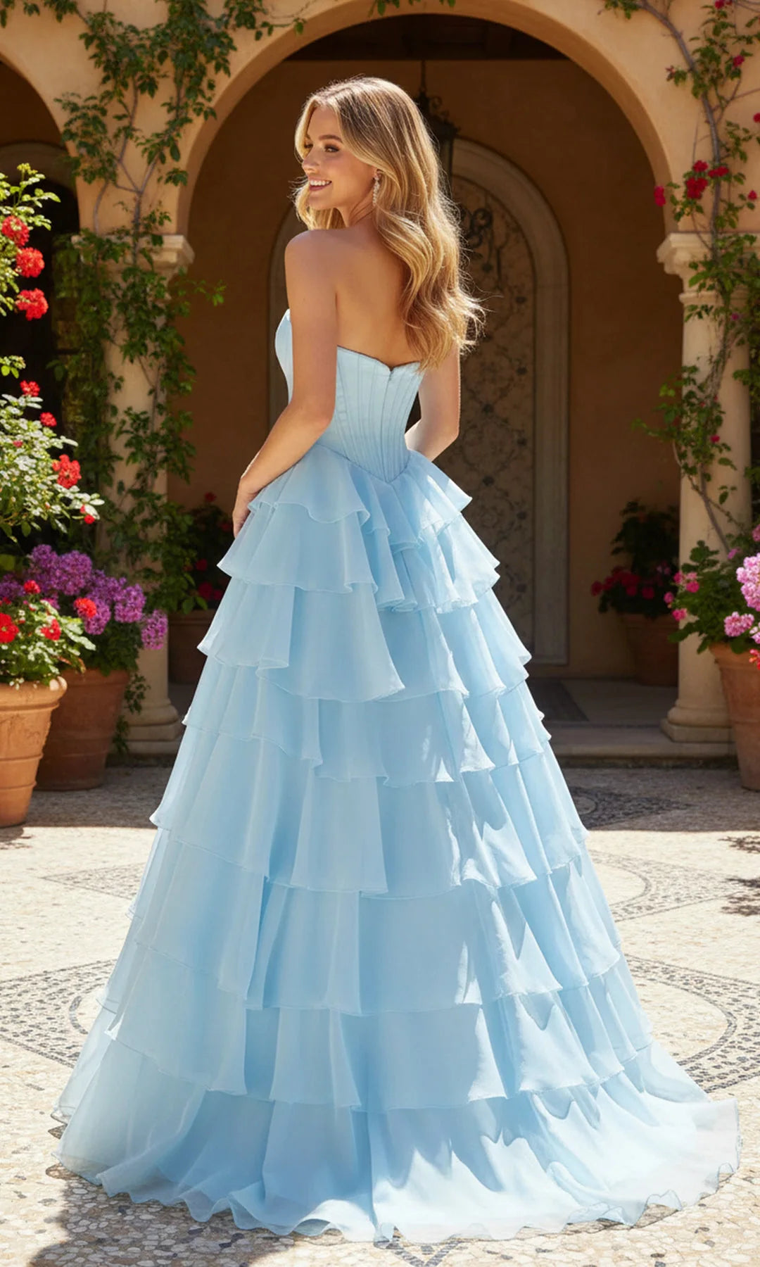 Elegant A-Line Strapless Sleeveless Tiered Slit Blue Long Prom Dresses Gown