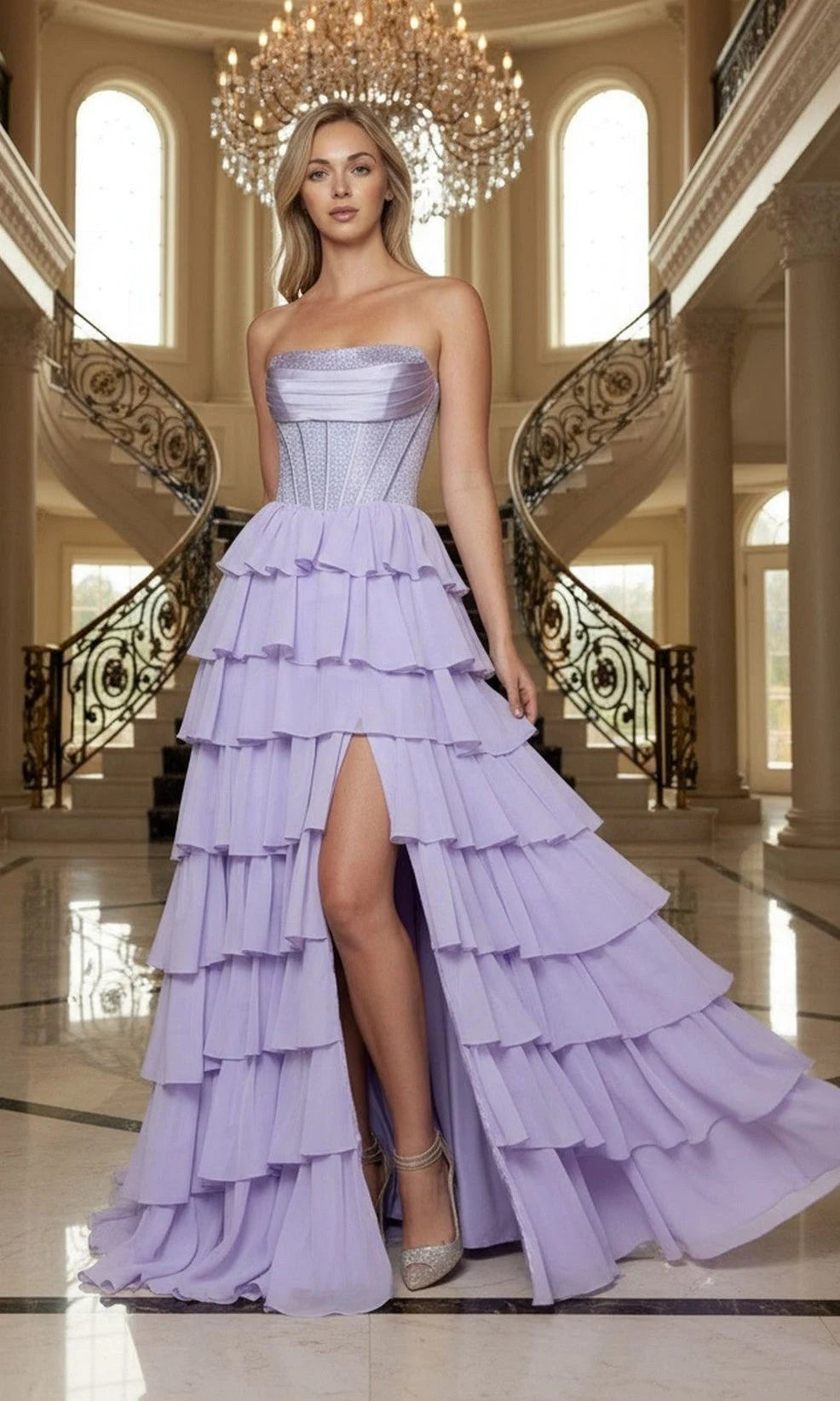 Elegant A-Line Strapless Sleeveless Tiered Slit Lavender Long Prom Dresses Women