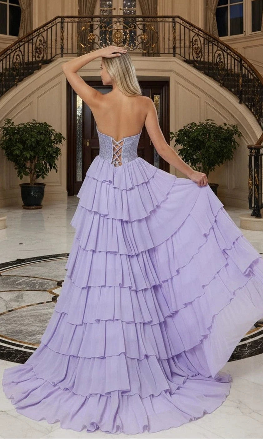 Elegant A-Line Strapless Sleeveless Tiered Slit Lavender Long Prom Dresses Women