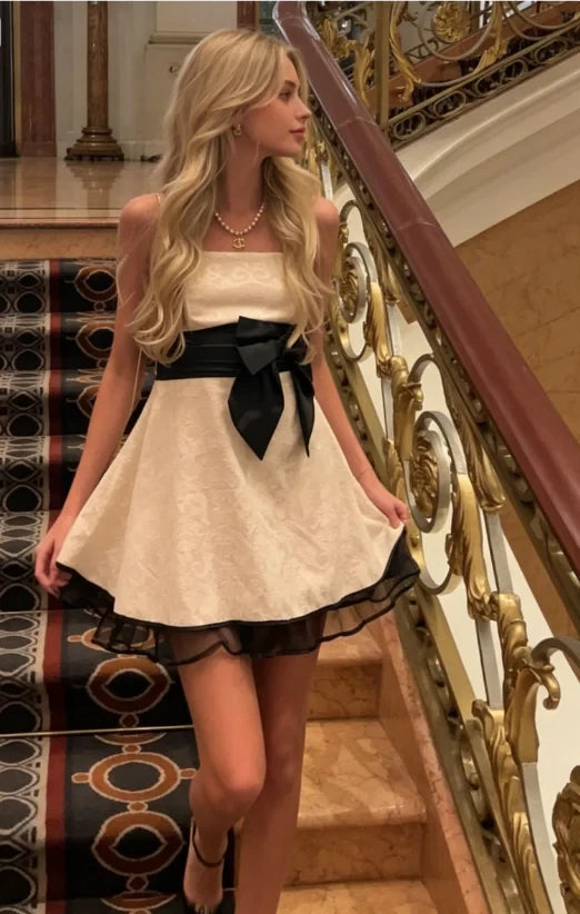Elegant A-Line Strapless Thin Strap Sleeveless Mini Homecoming Dress with Elegant Bow Sash