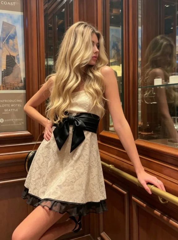Elegant A-Line Strapless Thin Strap Sleeveless Mini Homecoming Dress with Elegant Bow Sash