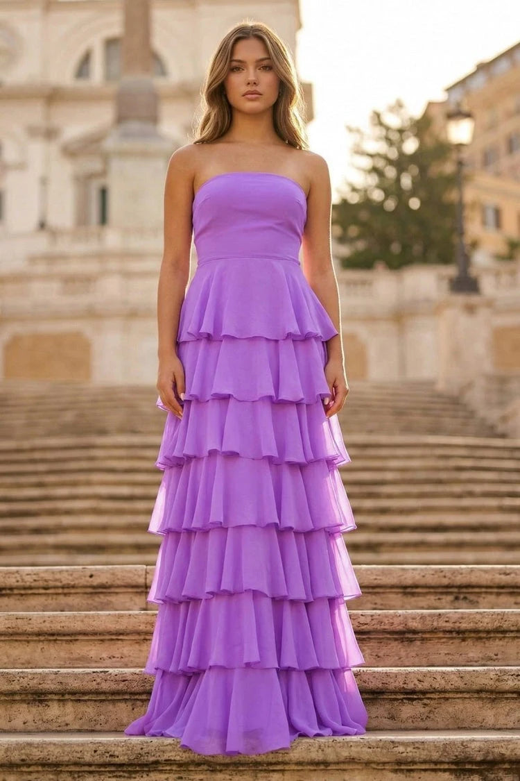 Elegant A-Line Strapless Tiered Ruffle Backless Lavender Floor-Length Prom Dress Gown