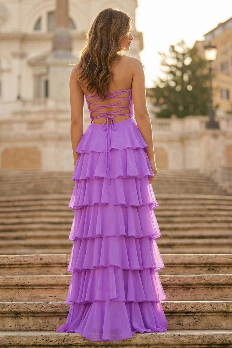Elegant A-Line Strapless Tiered Ruffle Backless Lavender Floor-Length Prom Dress Gown