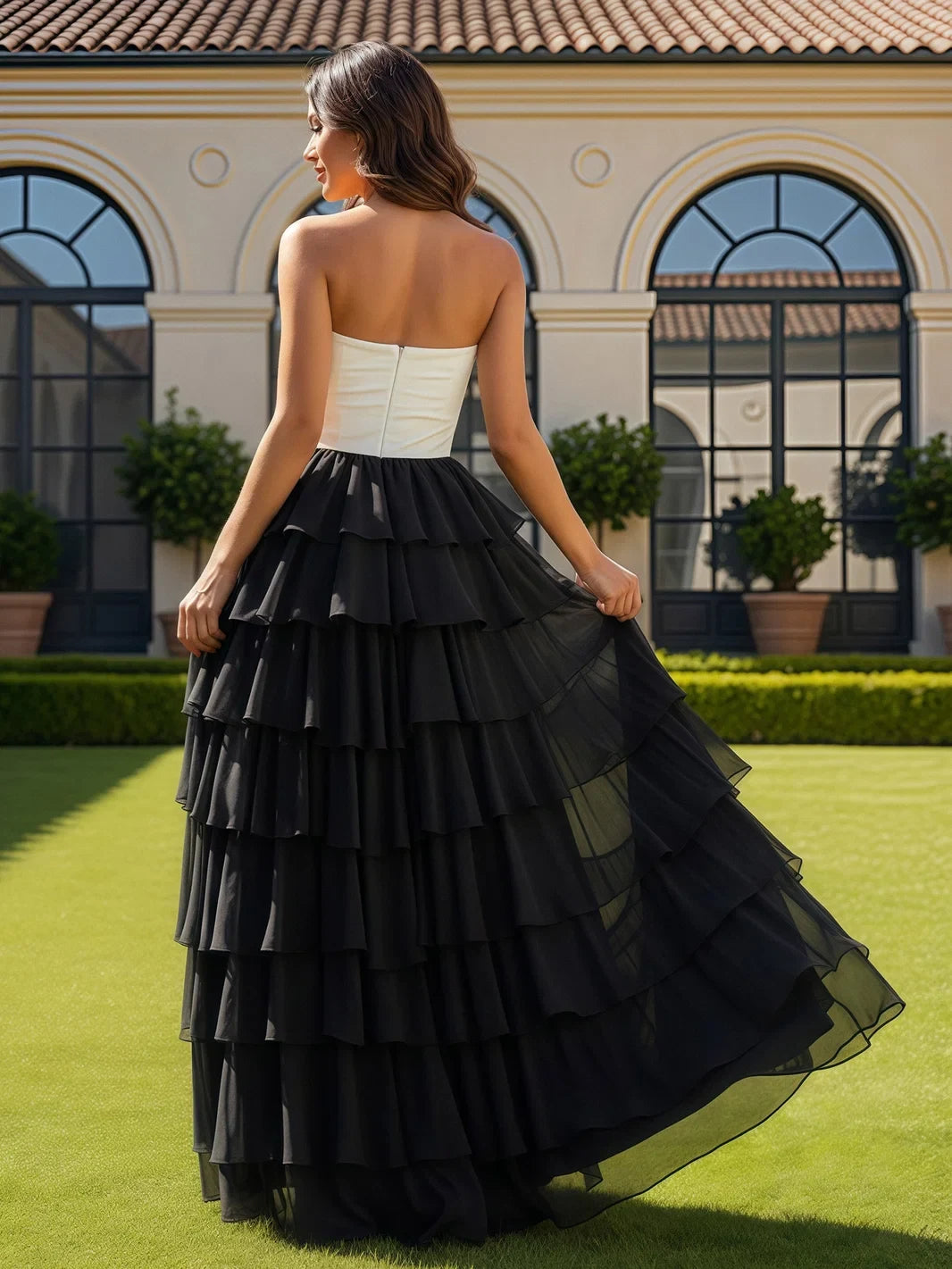 Elegant A-Line Strapless Tiered Ruffle High Slit Bicolor Floor-Length Prom Dress