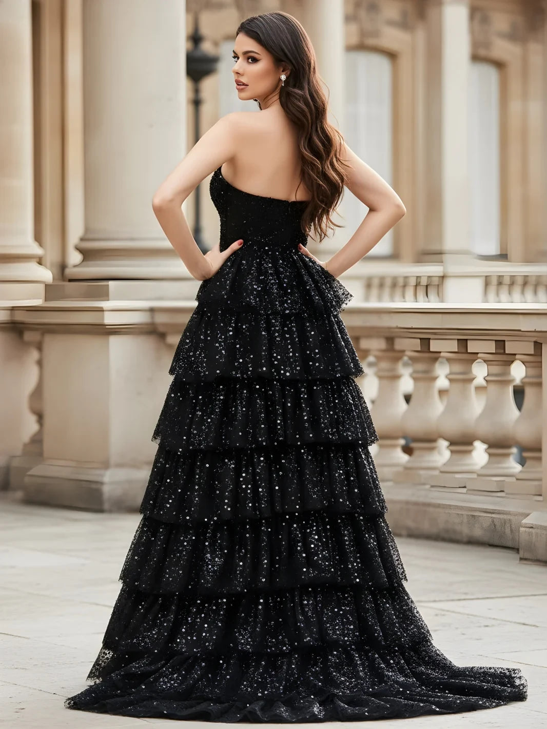 Elegant A-Line Strapless Tiered Sequin Black Floor-Length Prom Dresses Gown