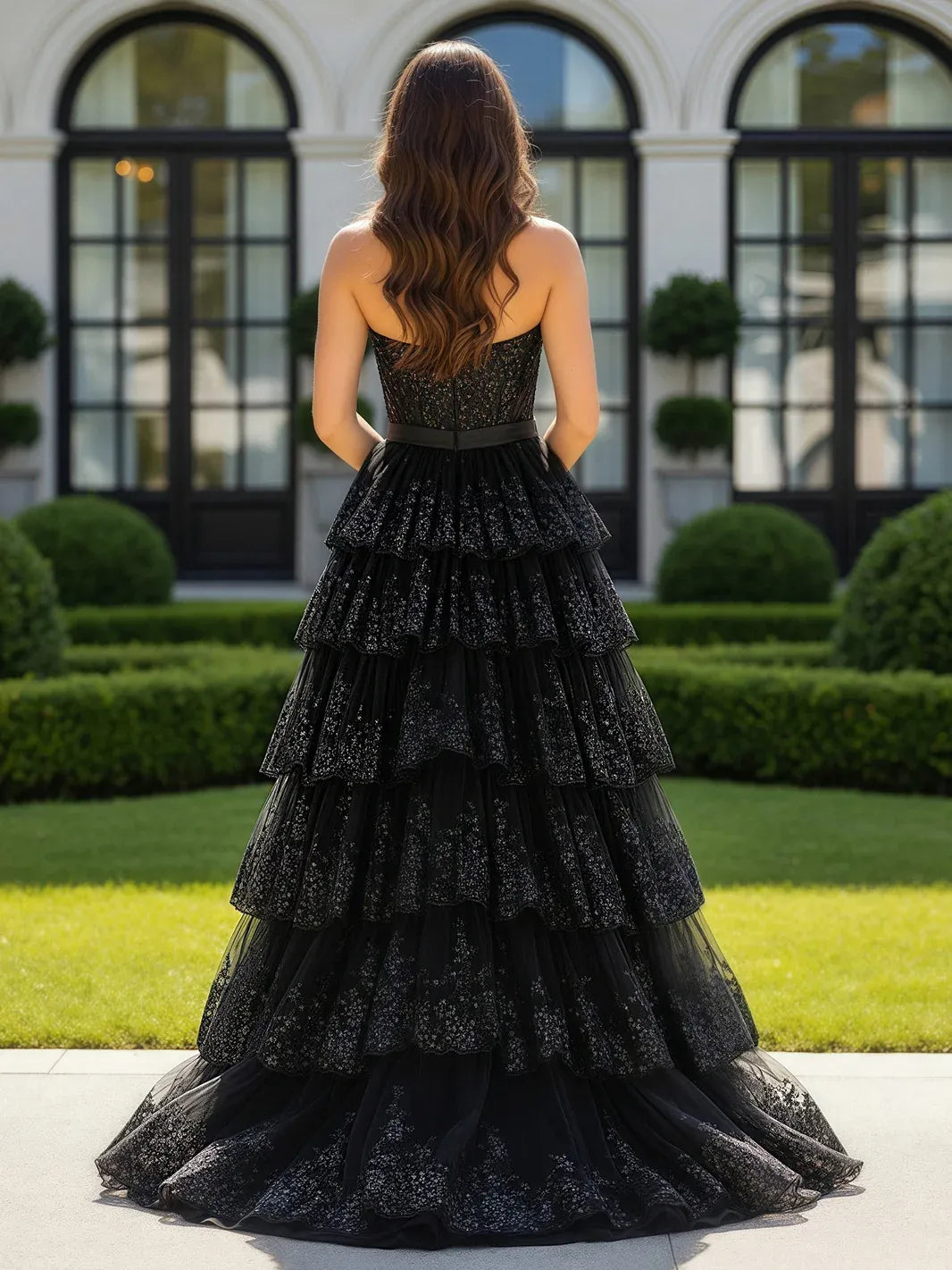 Elegant A-Line Strapless Tiered Sequin Black Floor-Length Prom Gown