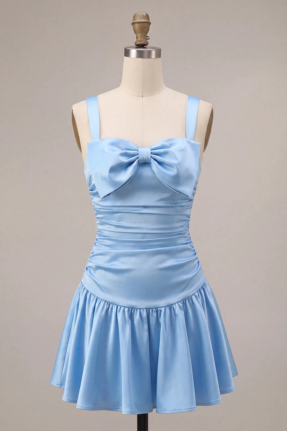 Elegant A-Line Sweetheart Bowknot Ruched Sky Blue Mini Homecoming Dress