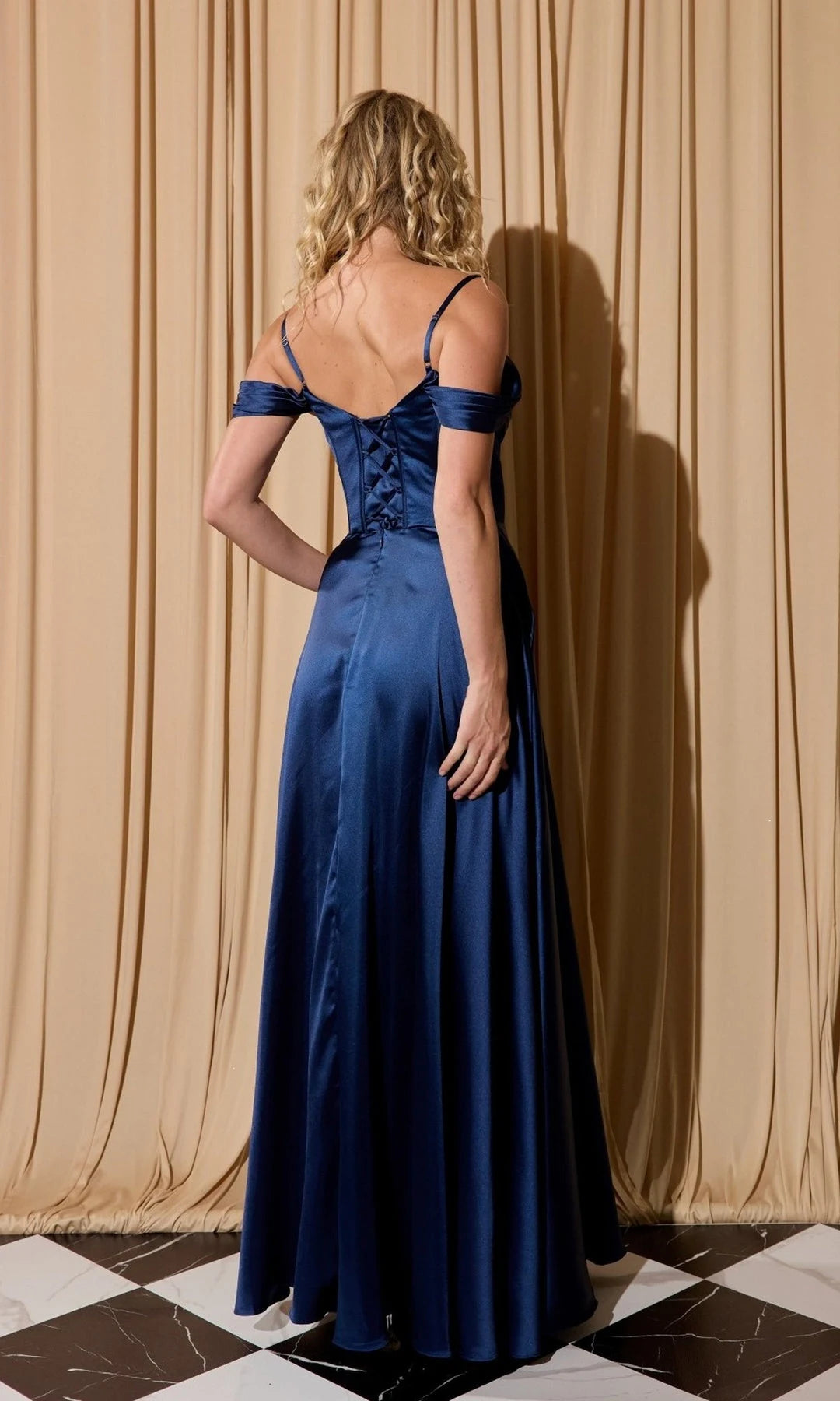 Elegant A-Line Sweetheart Off-Shoulder Corset Slit Navy Long Prom Dresses Gown