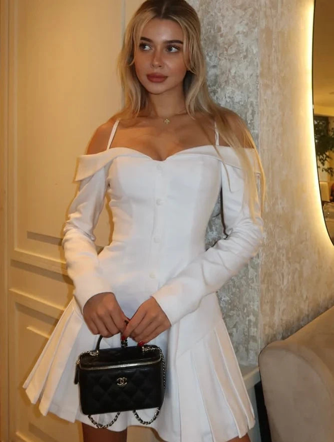 Elegant A-Line Sweetheart Off-Shoulder Long Sleeve Button-Front Mini Homecoming Dresses