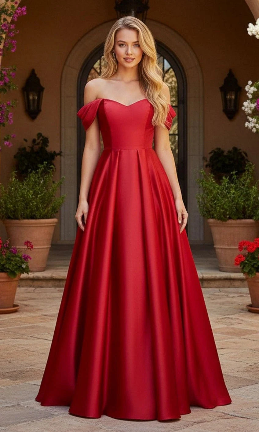 Elegant A-Line Sweetheart Off-Shoulder Pleated Red Long Prom Dresses Women Gown