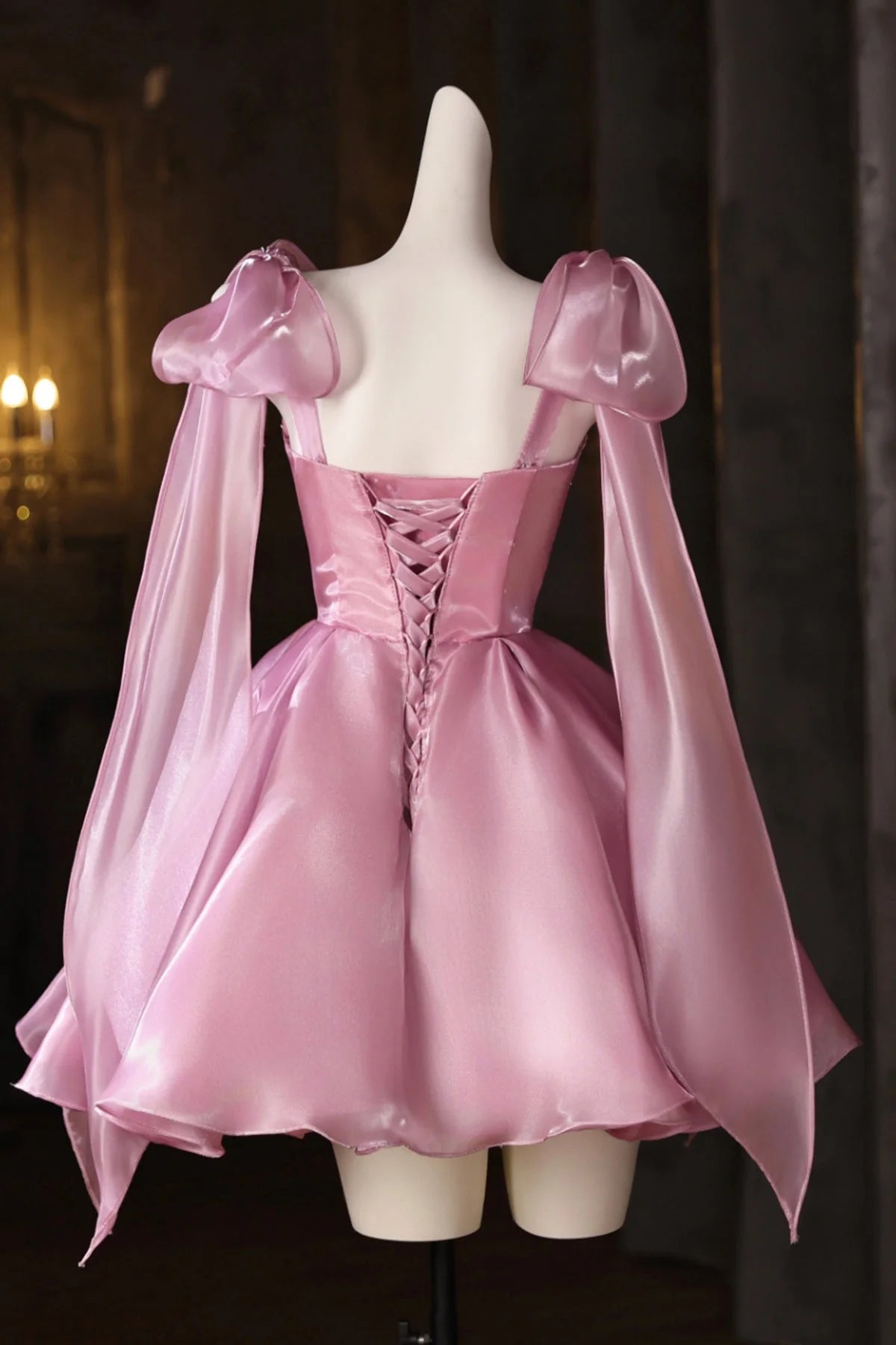 Elegant A-Line Sweetheart Off-Shoulder Puffy Sleeve Lace-Up Back Short Homecoming Dress