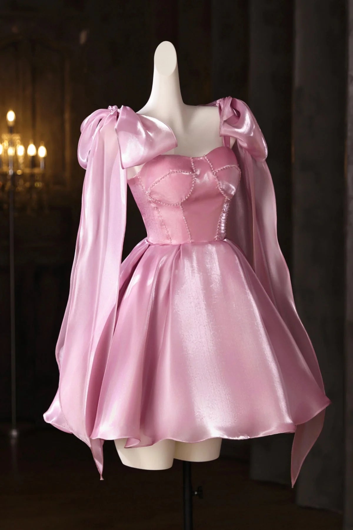 Elegant A-Line Sweetheart Off-Shoulder Puffy Sleeve Lace-Up Back Short Homecoming Dress