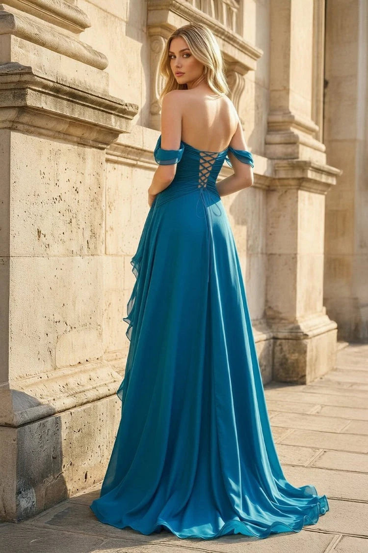 Elegant A-Line Sweetheart Off-Shoulder Ruched Slit Teal Blue Floor-Length Prom Dress
