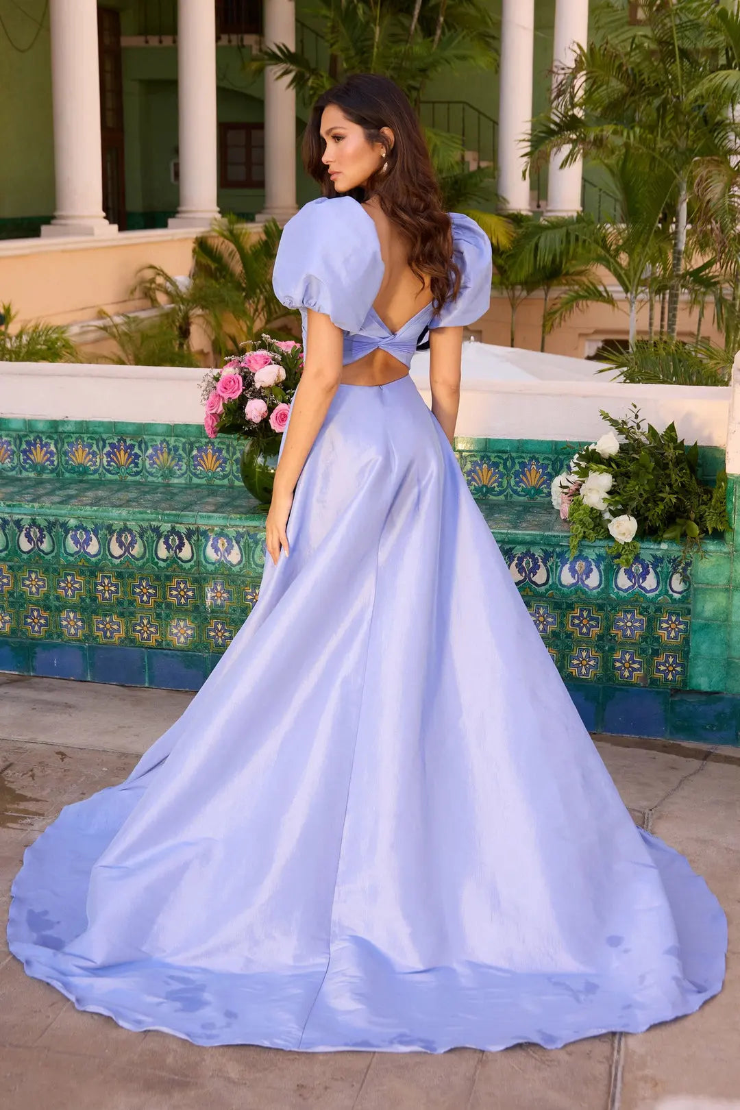 Elegant A-Line Sweetheart Puff-Sleeve Cutout Slit Lilac Long Prom Dresses Women