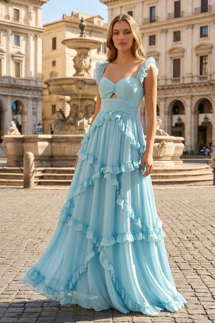 Elegant A-Line Sweetheart Ruffled Tiered Sky Blue Floor-Length Prom Gown
