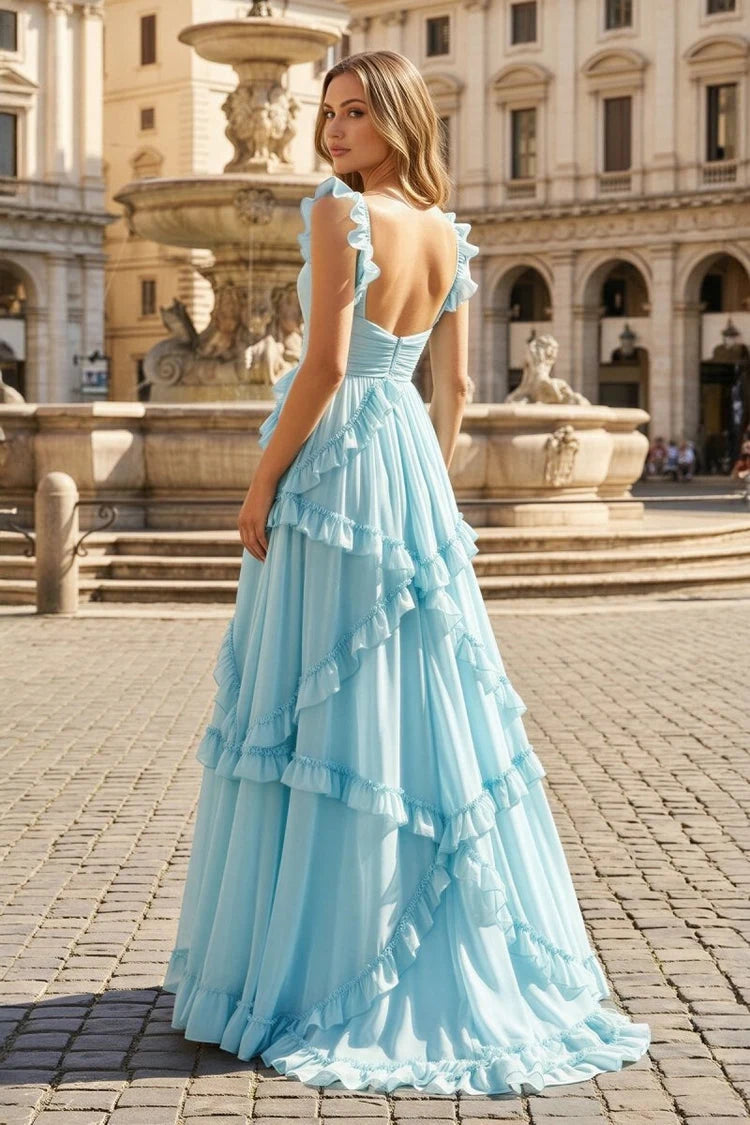 Elegant A-Line Sweetheart Ruffled Tiered Sky Blue Floor-Length Prom Gown
