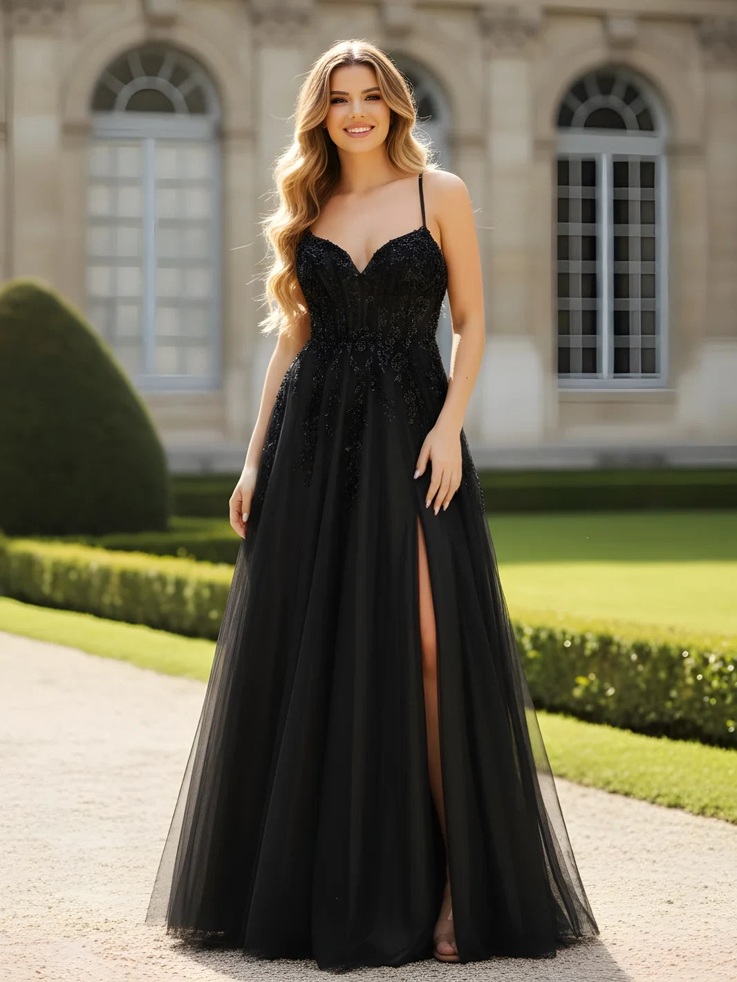 Elegant A-Line Sweetheart Sleeveless Beaded Slit Black Floor-Length Prom Gown