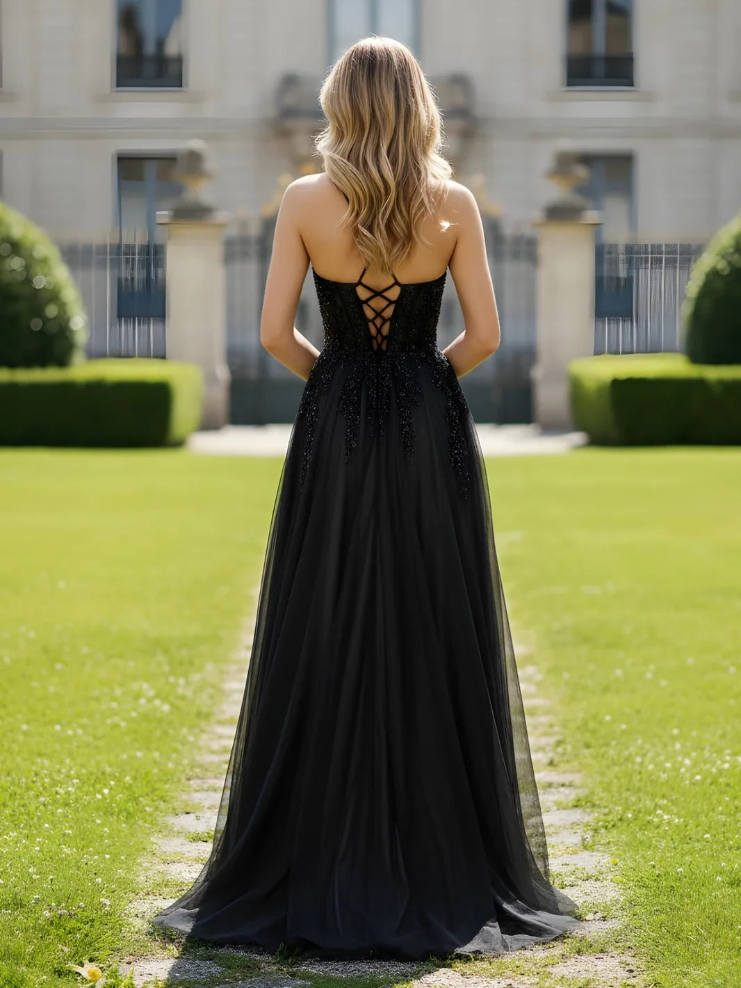 Elegant A-Line Sweetheart Sleeveless Beaded Slit Black Floor-Length Prom Gown