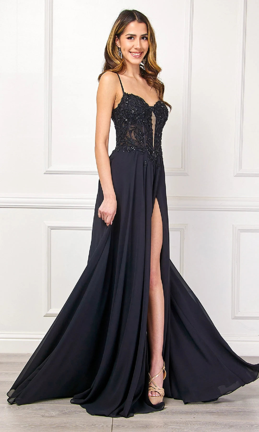 Elegant A-Line Sweetheart Sleeveless Beaded Slit Black Long Prom Dresses Women Gown