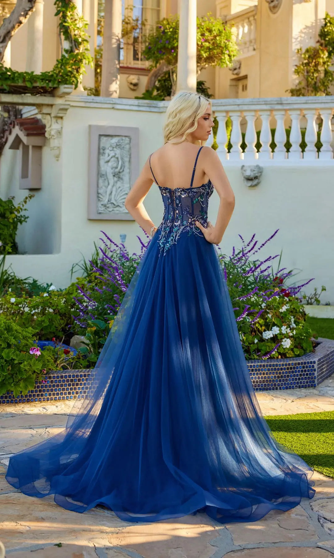 Elegant A-Line Sweetheart Sleeveless Beaded Slit Blue Long Prom Dresses Women