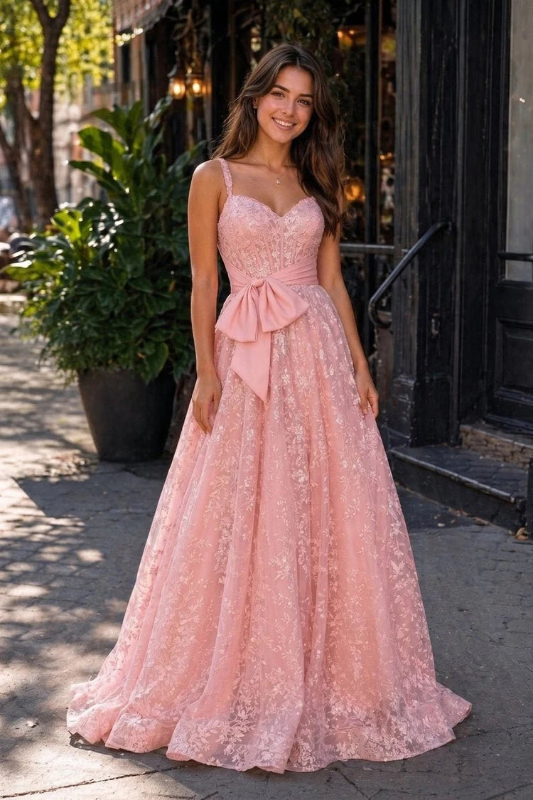 Elegant A-Line Sweetheart Sleeveless Bow Blush Pink Floor-Length Prom Dress Gown