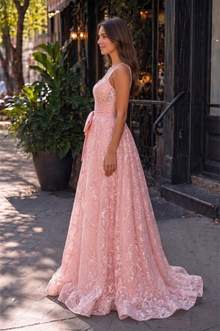 Elegant A-Line Sweetheart Sleeveless Bow Blush Pink Floor-Length Prom Dress Gown