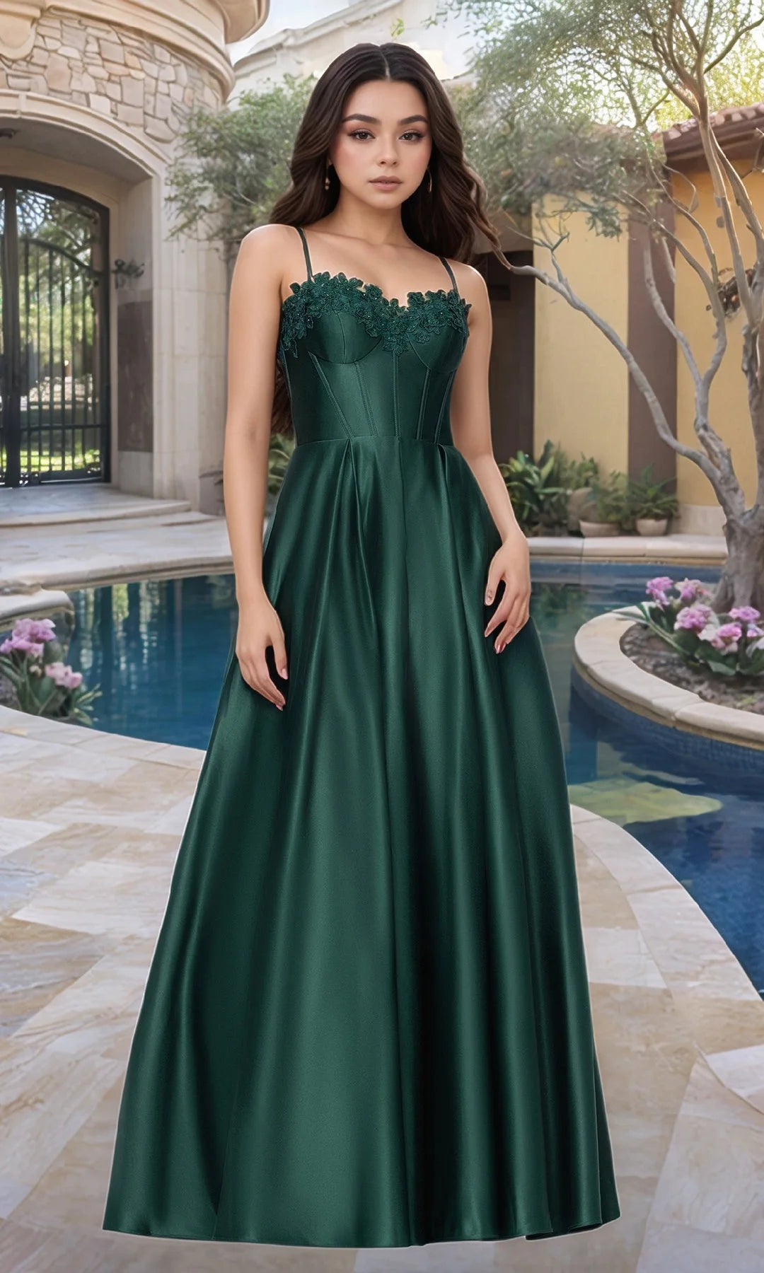 Elegant A-Line Sweetheart Sleeveless Corset Applique Emerald Maxi Prom Dresses Gown