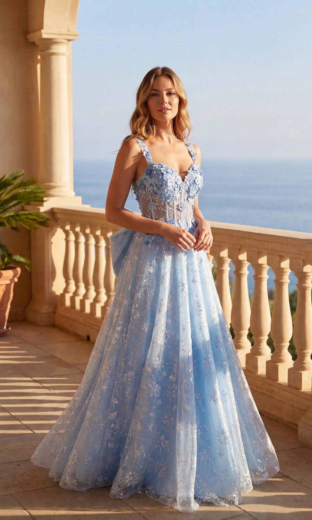 Elegant A-Line Sweetheart Sleeveless Corset Bow Blue Floor-Length Prom Dresses Women