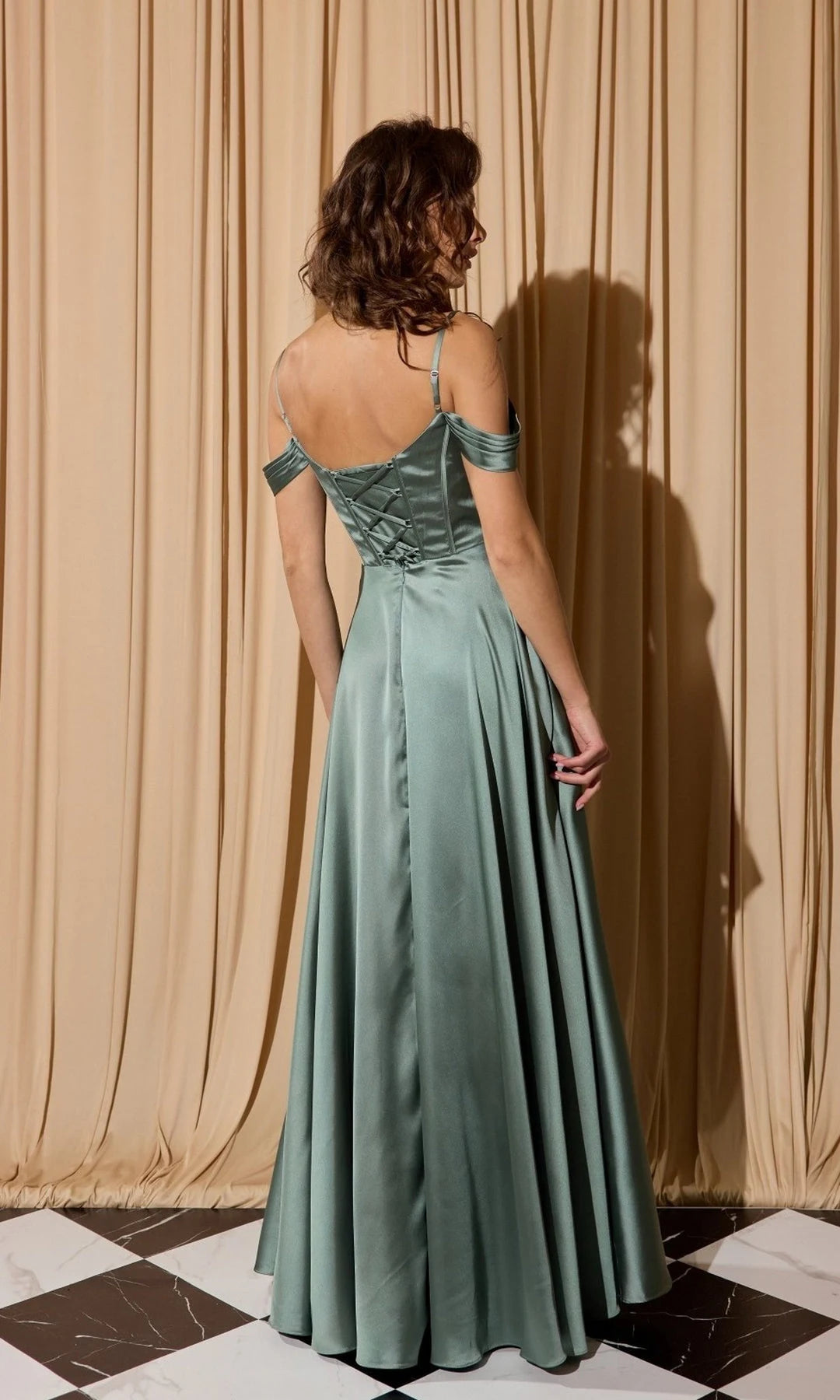 Elegant A-Line Sweetheart Sleeveless Corset Draped Sage Long Prom Dresses Women