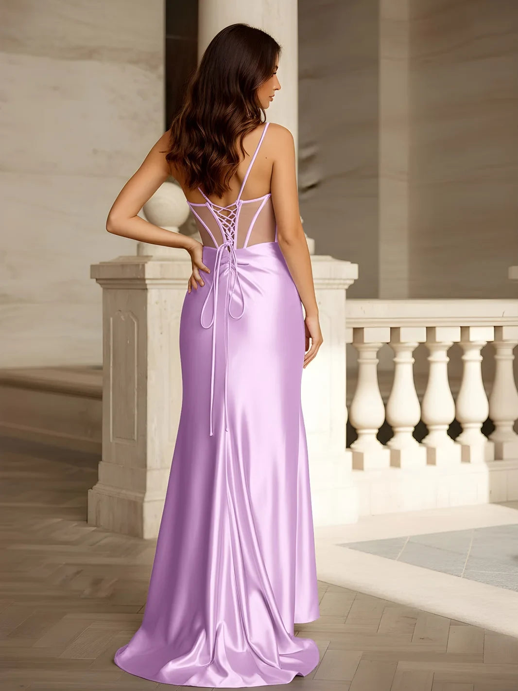 Elegant A-Line Sweetheart Sleeveless Corset High Slit Lilac Floor-Length Prom Gown